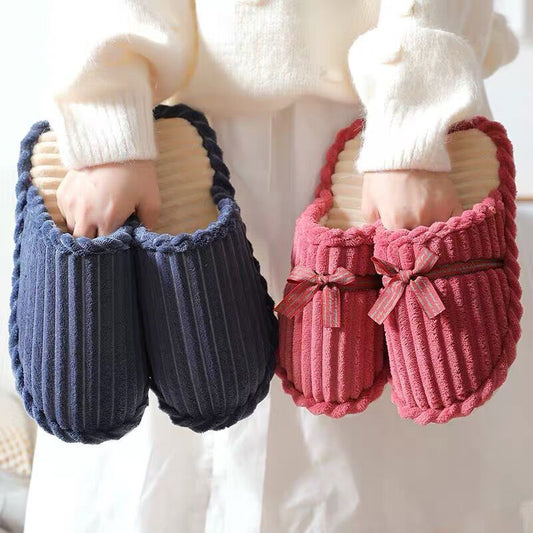 Cozy Winter Bow Cotton Slippers for Couples - Non-Slip, Warm, and Fur-Lined
