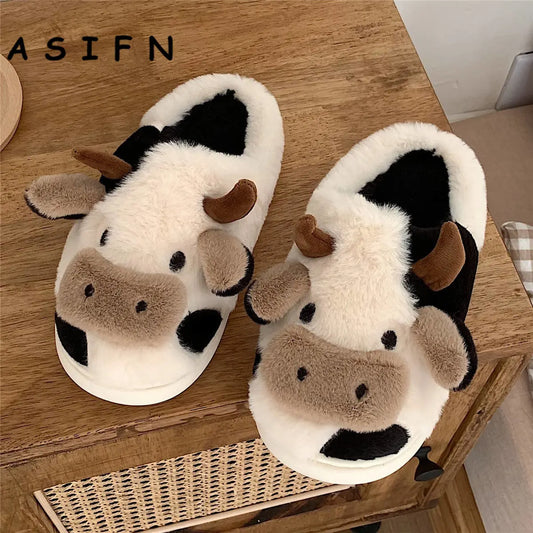 Cute Cow Slippers - Women Girls Cushion Slides with Kawaii Fluffy Design for Winter Warmth - Flax Cartoon Milk Cow House Funny Shoes